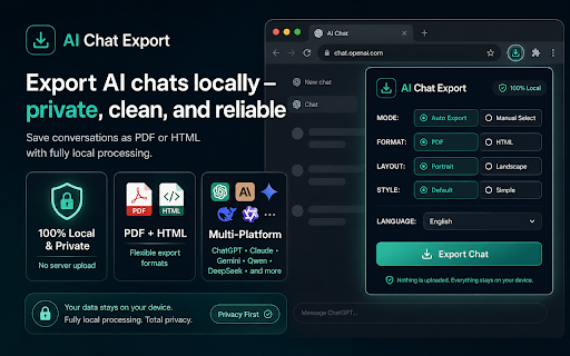 AI Chat Export - Local PDF/HTML :: Export AI chats from ChatGPT, Claude, Gemini, Qwen & DeepSeek to PDF/HTML locally. Full or selected messages. No cloud upload.