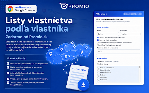 CICA – hromadné vyhľadanie listov vlastníctva podľa mena a priezviska :: Prehľadá vybrané okresy a katastrálne územia na cica.vugk.sk a stiahne nájdené listy vlastníctva. Nástroj zadarmo od promio.sk.