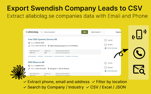 Allabolag Extractor: Export Swendish Companies :: Proff Scraper: Scrape Swendish Companies Leads with Email and Phone from Allabolag.se, Save Business data to CSV/EXCEL/JSON.