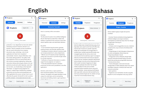 Ringkesin :: Turn conversations into transcripts & AI summaries. Keeps recording in the background, supports local Ollama — free & private.