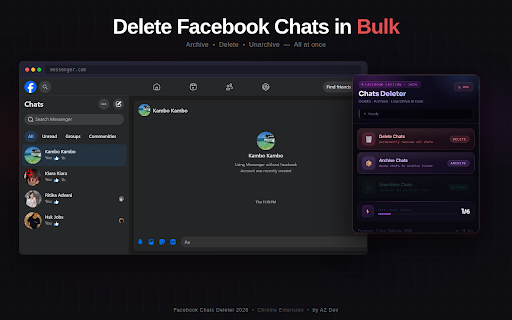 Facebook Messages Deleter :: Bulk delete, archive, and unarchive all your Facebook chats automatically. Save hours of manual clicking.