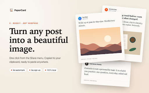 PaperCard — Tweet & Reddit Post to Image :: Turn social media posts, or any text you select, into clean image cards. One click, copied to your clipboard. No watermark.