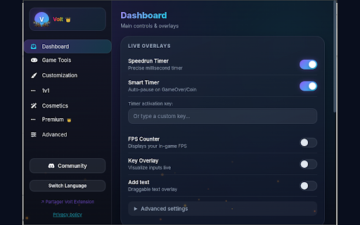 Volt Extension :: Performance overlays (FPS, timer), in-game chat, leaderboards and live 1v1 duels for the supported WebGL game pages.