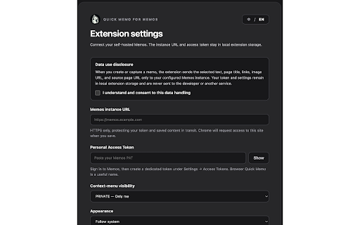 Quick Memo for Memos :: Quick capture notes, links and images to any self-hosted Memos. / 快速保存笔记、链接和图片到任意自托管 Memos。