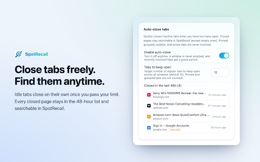 SpotRecall - Auto Tab Closer with AI Recall :: Auto-closes idle tabs safely. Find any page again, even closed ones, by describing what you remember. The AI runs on your device.