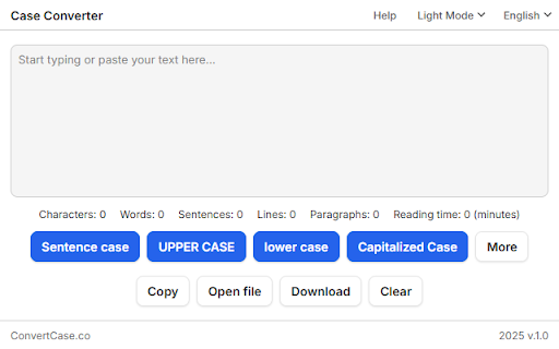 Case Converter :: Easily switch your text between formats like UPPERCASE, lowercase, Capitalized Case, camelCase, and more — all in one click.