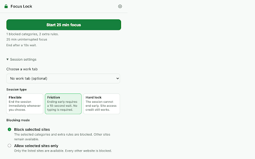 Focus Lock :: Focus sessions that lock distracting sites, with earned site access credit.