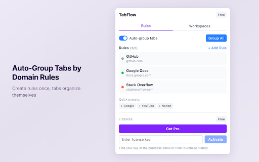 TabFlow - Tab Group Workspace Manager :: Auto-group tabs by domain rules and save/restore workspaces in one click. Native Tab Groups, zero learning curve.