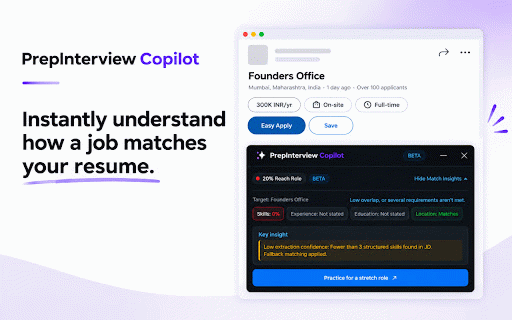 PrepInterview Copilot - Job Match & Interview Prep (Beta) :: See resume skill match, experience, and requirement fit on LinkedIn jobs, and practice tailored interview questions in one click.