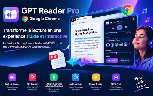 GPT Reader Pro :: Lit vos pages et documents à voix haute avec surlignage karaoké, plus une bibliothèque de lecture multilingue.