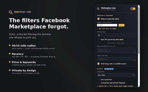Marketplace Lens — Filter for FB Marketplace :: Enforce location, price, and keyword filters on Facebook Marketplace desktop web. Hides listings that don't match your rules.
