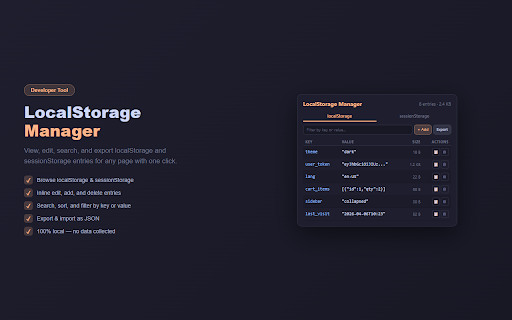 LocalStorage Manager :: View, edit, search, and export localStorage and sessionStorage entries for any page.