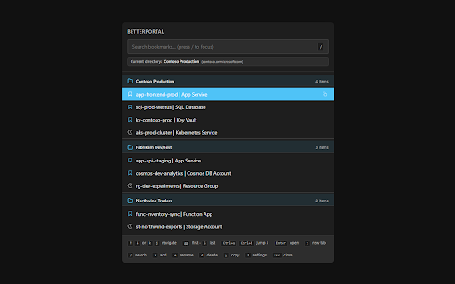 BetterPortal :: Bookmark Azure Portal resources for instant revisits. Keyboard-driven overlay with history, cross-tenant navigation, and search.