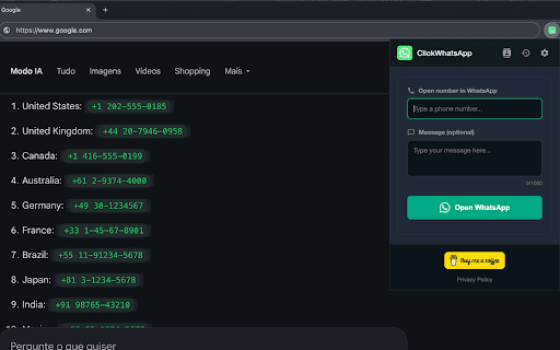 ClickWhatsApp :: Converts phone numbers on web pages into clickable WhatsApp links. Click any number to start a chat instantly.