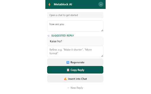 Metablock AI WhatsApp Assistant :: AI reply assistant for WhatsApp Web powered by Groq AI.
