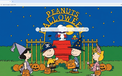 Peanuts Live Wallpaper :: Classic Peanuts Halloween scene with Snoopy, Charlie Brown, and friends in costumes with pumpkins.
