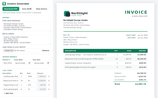 Invoice Generator - PDF Invoice Maker for Freelancers :: Create and download PDF invoices in seconds. Offline invoice generator with live preview, taxes, discounts and 12 currencies.