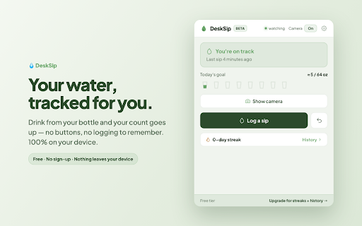 DeskSip — Water Reminder & Hydration Tracker :: Smart water reminder that detects your sips by camera — 100% on-device — and nudges you to stay hydrated at your desk.