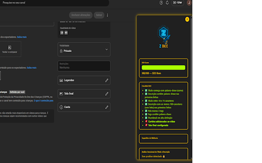 Zbee - SEO Analyzer for YouTube :: Mostra um painel SEO com volume, concorrência e score nas buscas do YouTube.
