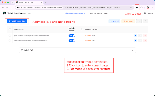 TikTok Data Exporter: Comments, Reviews, Posts, Following & Followers :: Easily extract TikTok data: video comments, shop product reviews, user posts, following and followers to Excel/CSV/JSON