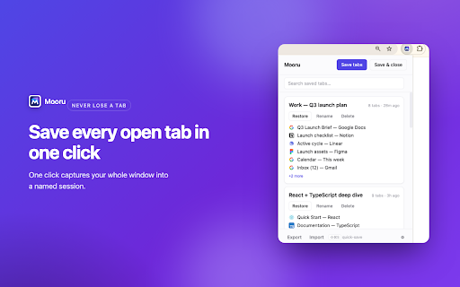 Mooru: Tab & Session Manager — OneTab Alt :: Save all your open tabs in one click and restore them anytime. Reliable, with export/backup so you never lose your tabs.