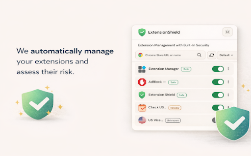 Extension Shield :: Free security check for installed Chrome extensions: risky permissions, privacy signals, and a simple score. No account required.