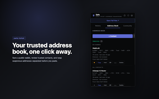 Zafu — Zero-trust Address Framework for Users :: Catches address poisoning, clipboard mismatches, and post-paste address changes before you send. Never touches your keys.
