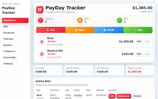 PayDay Tracker :: Track bills, payments, paid totals, overdue bills, and closed paid bills.