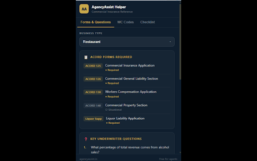 AgencyAssist Commercial Helper :: ACORD forms, underwriting questions, WC class codes, and submission checklists — instantly. Free for insurance agents.