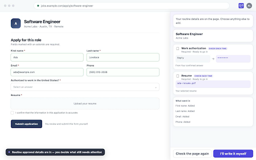 OfferGenie Copilot :: Review and add your saved OfferGenie details to supported job forms, then submit each application yourself.