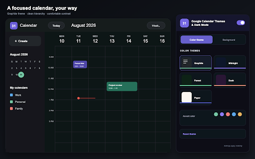Google Calendar Themes & Dark Mode :: Customize Google Calendar with beautiful themes, dark mode, custom backgrounds and colors.