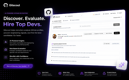Gitscout – GitHub Developer Evaluator :: GitHub profile analyzer for tech recruiters. AI signals, dev skills & activity to evaluate and shortlist top developer candidates.