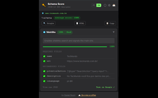 Schema Score — JSON-LD SEO Analyzer :: Analyzes the JSON-LD of any page and scores its completeness. Validates fields, detects errors and shows SEO gaps.