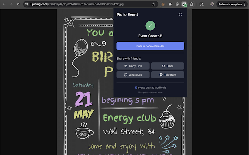 Pic to Event - Image to Calendar Converter :: Convert event images to Google Calendar events with one click. Works on Instagram, Facebook, email, and any website.