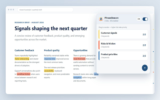 PhraseBeacon — Keyword Highlighter :: Highlight keywords on webpages with custom colors, multiple lists, CSV import, match counts, and navigation—all processed locally.