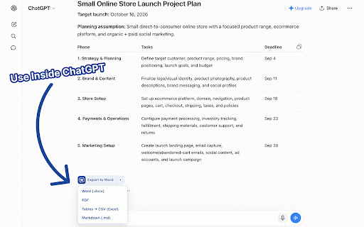 ChatToWord: Export AI Chats to Word, PDF & CSV :: Export ChatGPT, Claude & Gemini answers to Word, PDF, CSV, or Markdown in one click. Real .docx, headings, tables. Free & private.