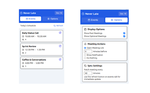 Never Late Extension :: Get timely reminders for your meetings with this extension.