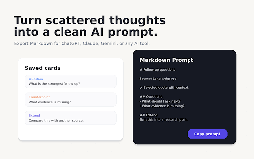AskLater Box :: Save quotes while reading. Turn scattered thoughts into clean AI follow-up prompts. Local-first, no upload, no AI API.