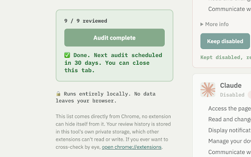 ExtRenew :: Every 30 days, review what your other extensions can access and confirm you still want to keep them. Runs entirely locally.