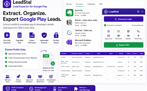 LeadStal for Google Play - App Lead Exporter :: Collect public Google Play app and developer emails, phones, websites, and social links. Export leads to CSV.