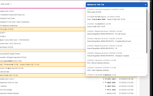 Pulse MR Search :: Find line items containing a word on EvetPractice MR View By Date pages.