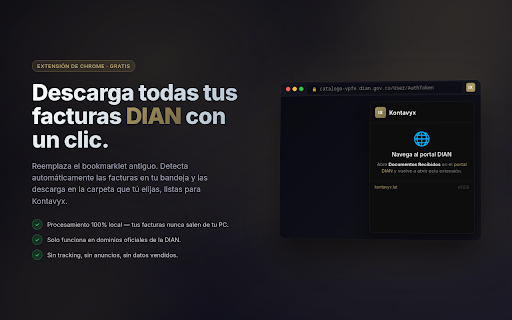 Kontavyx — Descarga DIAN :: Descarga masiva de facturas electrónicas del portal DIAN con un solo click. Integración automática con Kontavyx.