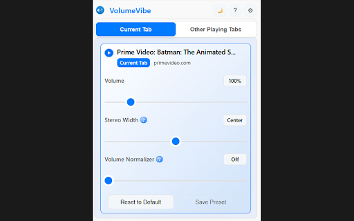 VolumeVibe :: Per-tab audio enhancement with volume boost, stereo control, and normalization. 100% private - all processing happens locally.