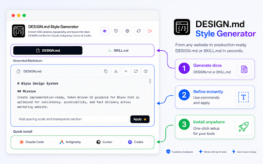 DESIGN.md Style Generator - Tokens for Claude, Antigravity, Cursor & Codex :: Extract CSS variables, typography, and layout into clean DESIGN.md files for Claude Code, Antigravity, Cursor, and Codex.