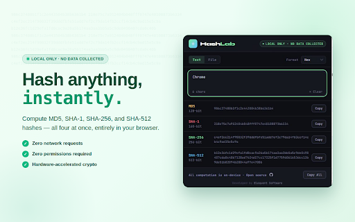 HashLab — Hash Calculator :: Calculate MD5, SHA-1, SHA-256, SHA-512 hashes instantly. 100% local — no data collected, no servers.