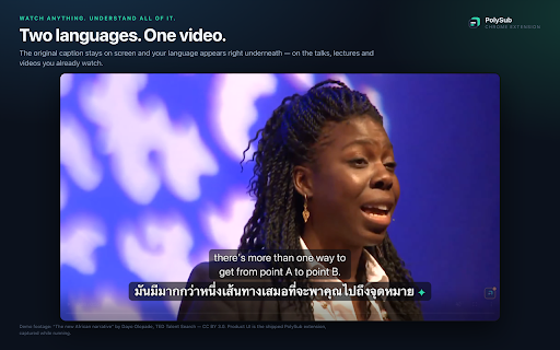 PolySub — AI Video Subtitle Translator :: Dual subtitles with Instant and managed AI translation, free themes, transcripts, and live transcription.