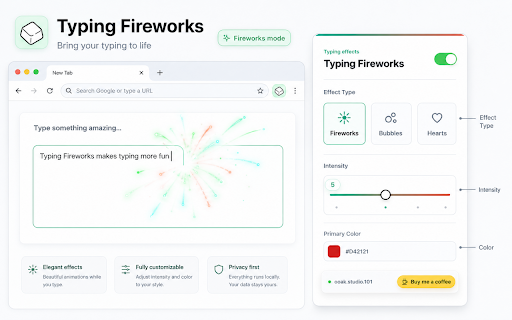 Typing Fireworks :: Typing effects for web pages, with fireworks, bubbles, and hearts.