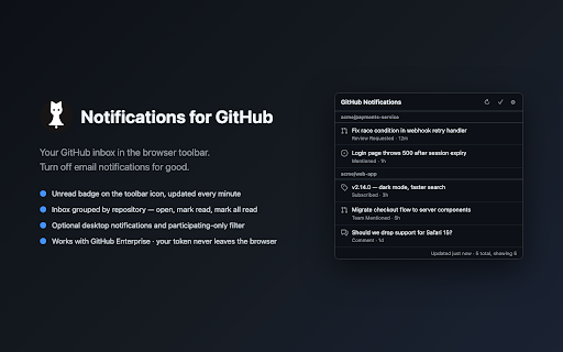 Notifications for GitHub :: GitHub notification inbox in your browser. Polls the GitHub API with your token so you can turn off email notifications.