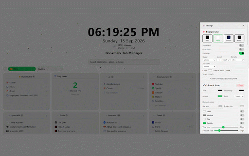 Bookmark Tab Manager :: Organize your bookmarks beautifully. Custom folders, drag & drop, clock, weather, themes and more on every new tab.