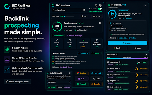 SEO Readiness :: Score websites for backlink outreach. Check crawl health, Google indexing, sitemaps, link policy, and extract emails.